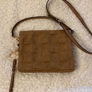 Tan weave design flap closure purse
